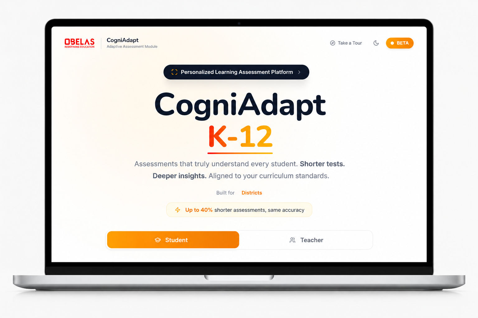 CogniAdapt personalized learning assessment platform on a laptop.